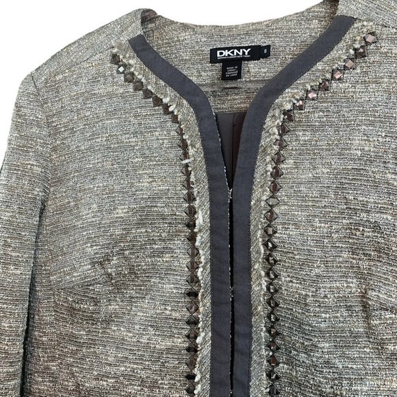 DKNY Donna Karan Tweed Frayed Metallic Beaded Blazer Jacket Silver Gray Size 8 - Picture 3 of 8